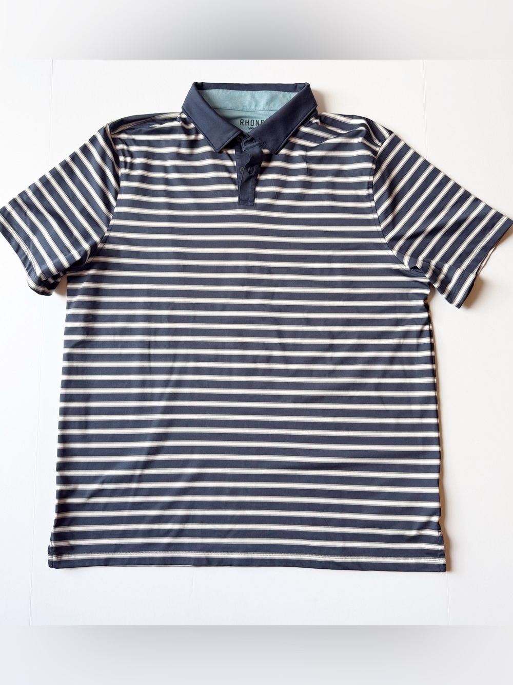 RHONE Golf Sport Polo Navy/Grey/White Stripe Short Sleeve Large